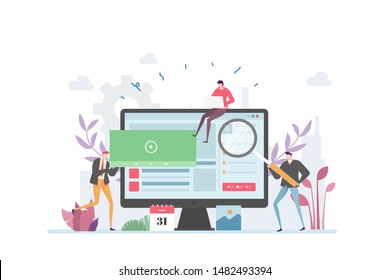 Search Engine Optimisation Vector Illustration Concept Showing a group of creative author is using SEO to gain more traffic and impression, Suitable for landing page, ui, web, App intro card, editoria