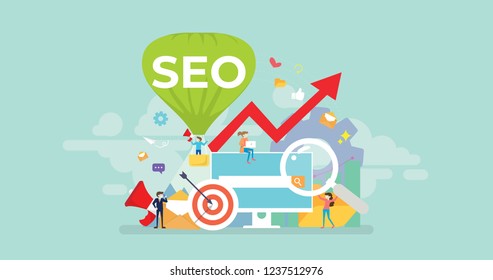 Search Engine Optimization Advertisement Tiny People Character Concept Vector Illustration, Suitable For Wallpaper, Banner, Background, Card, Book Illustration, And Web Landing Page