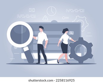 Search engine optimization. Search and analysis of data. Web analytics. Vector illustration