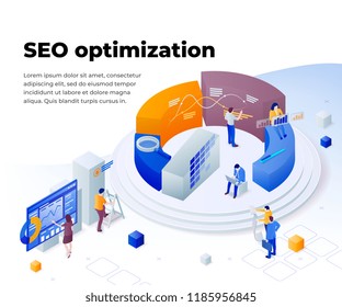 Search engine optimization and analytics. Promoting business on the Internet. Template in 3d isometric style. People work in a team and achieve the goal. Consulting for company performance.