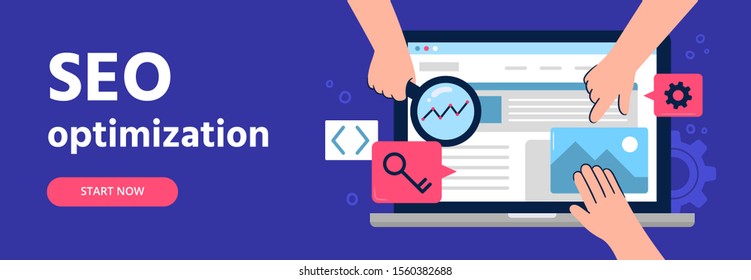 Search engine optimization and analytics. Web developers team looking for to improve site visits and conversions rate. Flat illustration with many objects like key, magnifying glass, gear and other.