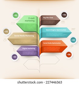 Search engine optimization arrow, pay per click arrow, email marketing arrow, social media marketing arrow, social media optimization arrow, digital marketing arrow. For  step up options, web design