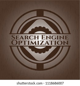 Search Engine Optimization badge with wooden background