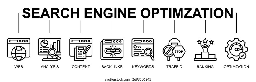 Mecanismo de pesquisa Otimização banner web icon vetor linha estilo ilustração conceito com ícone de SEO, otimização do mecanismo de pesquisa, marketing digital, tráfego web, classificação de palavras-chave

