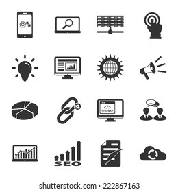 Search engine optimization black and white flat icons set