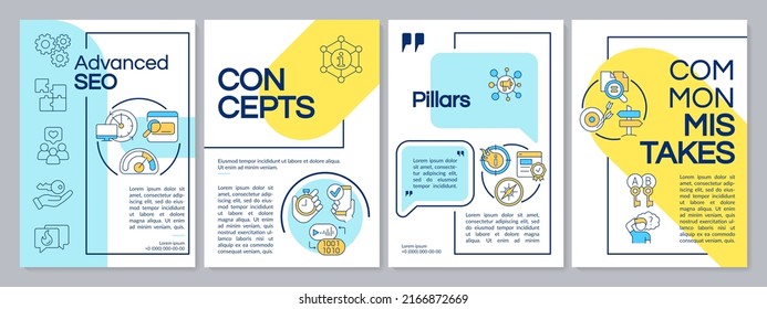 Plantilla de folleto azul y amarillo de optimización de motores de búsqueda. Diseño del prospecto con iconos lineales. Editable 4 diseños vectoriales para presentación, informes anuales. Fuentes questriales, Lato-regulares usadas