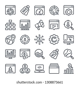 Search Engine Optimization bold line icon set. Website statistics linear icons. Target and traffic management outline vector sign collection.