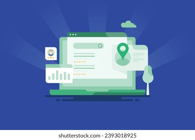 Search engine optimization for business listing, Small business SEO, Business optimization on local search result, customer reviews and feedback - vector illustration background with icons