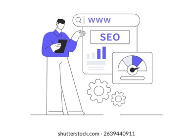 Search Engine Optimization. Character using artificial intelligence generative tools for searching or browsing internet. Flat Cartoon Vector Illustration, icon. Stylish abstract design landing page