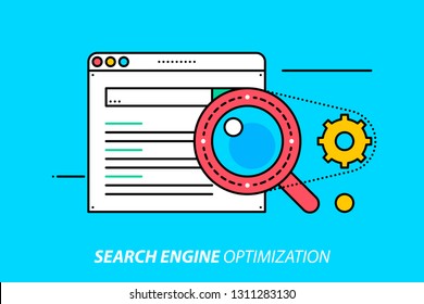 Search engine optimization. Colorful illustration on bright cyan background. Modern outline style. 
