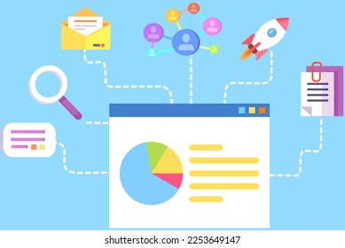 Search engine optimization concept. Analytics and analysis, development startup, diagram with statistic. Management strategy, promotion project illustration. Internet, social networks, media icons