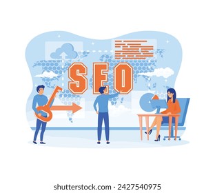 Search Engine Optimization concept. Businessman and businesswoman in action around abbreviation SEO over digital world map.  flat vector modern illustration 