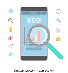 Search engine optimization concept. Doing market research and making website analysis to get data for SEO. Flat vector illustration