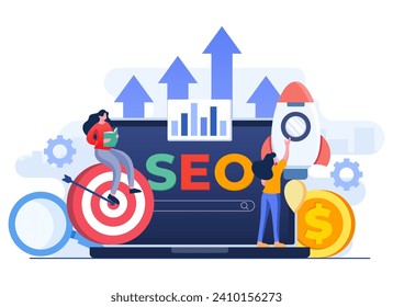 Search engine optimization concept flat illustration vector template, SEO growth, Browser search window on the laptop screen with a magnifier