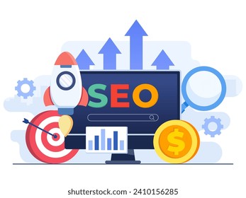 Search engine optimization concept flat illustration vector template, SEO growth, Browser search window on the computer screen with a magnifier