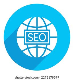 Search engine optimization concept with globe icon. long shadow design. blue background.