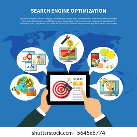Search engine optimization concept with hands holding tablet surrounded by thought bubble compositions of web icons vector illustration