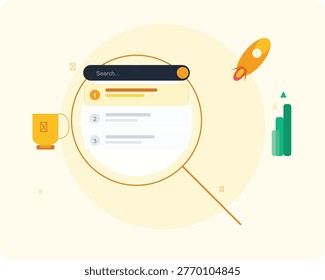 Search engine optimization concept with magnifying glass, digital marketing SEO ranking results, business growth rocket and trophy vector illustration