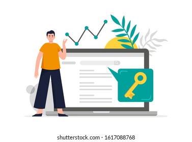 Search engine optimization concept. Man do keywords research to improve website page rank. Flat Vector illustration good for banners, ads, landing pages or other web promotion issue.