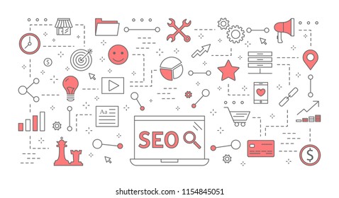 Search engine optimization concept. Marketing strategy and website development. Optimized content on the page. Set of line SEO icons. Isolated vector illustration