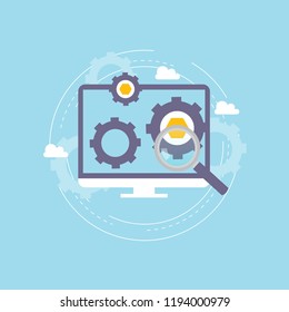 Search engine optimization concept, online ranking, SEO keywording process, SEO website analysis, keywords optimization flat vector illustration design. Design for web banners and apps