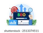 Search engine optimization concept, SEO growth, search engine optimization, analytics. Advertising campaign performance, target audience data, query monitoring. Digital marketing. Vector illustration.