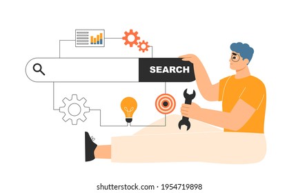 Search engine optimization concept. SEO specialist using tools to improve SERP results, drive Internet traffic. Online ranking, website visibility, promotion. Isolated flat vector illustration