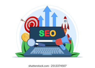 Search engine optimization concept, SEO growth, search engine optimization, analytics. Advertising campaign performance, target audience data, query monitoring. Digital marketing. Vector illustration.