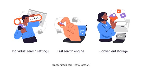 Search engine optimization concept - set of business concept illustrations. Visual stories collection.