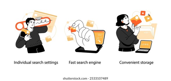 Conceito de otimização de mecanismo de pesquisa - conjunto de ilustrações de conceito de negócios. Coleção de histórias visuais.