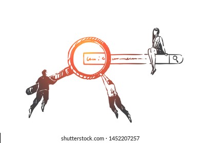 Search engine optimization concept sketch. Business men and business woman flying and looking through magnifier at search engine with symbols. Hand drawn isolated vector illustration