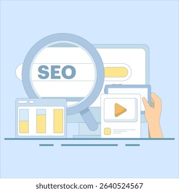 Search engine optimization concept, social media marketing. search marketing, SEO services, analysis and planning strategies. SEO optimization. flat vector illustration on background.
