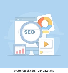 Search engine optimization concept, social media marketing. search marketing, SEO services, analysis and planning strategies. SEO optimization. flat vector illustration on background.