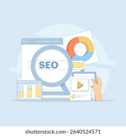 Search engine optimization concept, social media marketing. search marketing, SEO services, analysis and planning strategies. SEO optimization. flat vector illustration on background.