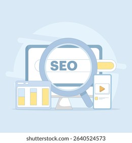 Search engine optimization concept, social media marketing. search marketing, SEO services, analysis and planning strategies. SEO optimization. flat vector illustration on background.