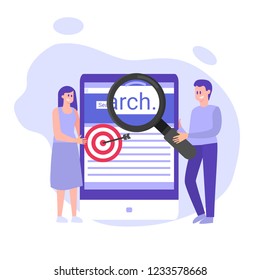 Search Engine Optimization concept, vector illustration, young people searching things on internet