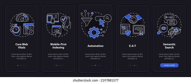 Search engine optimization concepts night mode onboarding mobile app screen. Walkthrough 5 steps editable instructions with linear concepts. UI, UX, GUI template. Myriad Pro-Bold, Regular fonts used