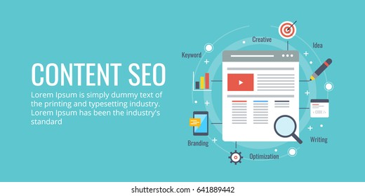 Optimización de motores de búsqueda, marketing de contenido, optimización de contenido, ilustración vectorial plana con iconos y textos