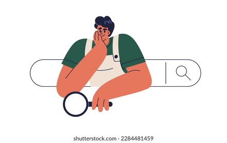 Optimización del motor de búsqueda, concepto de análisis de consultas de clientes. Hombre con lupa mirando fuera de la barra en navegador web, navegando información en línea. Ilustración vectorial plana aislada en fondo blanco