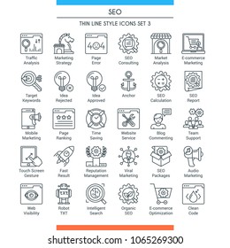 Search Engine Optimization and Development icons. Modern icons on theme business, analysis, internet, organization, startup and web. Thin line design icons collection. Vector illustration