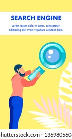 Search Engine Optimization Flyer Vector Template. Man with Magnifying Glass Cartoon Character. SEO, Social Media Marketing Service Web Banner. SMM Business Flat Illustration with Text Space