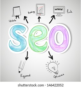 Search engine optimization gear industrial illustration with arrows and words. Design over paper background 