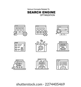 Search engine optimization icon set. Website optimization icon. Online visibility, Google ranking icon. Black and White vector line icons.