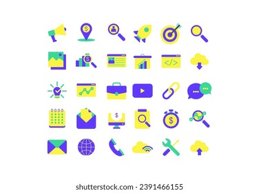 Search Engine Optimization icon set. Containing business and marketing, ranking, traffic, optimization, link and keyword. full color icons vector collection.