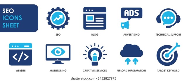 Conjunto de iconos de optimización del motor de búsqueda. Conjunto de iconos planos.