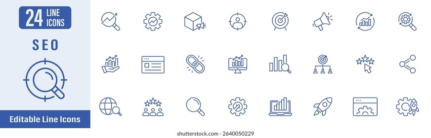 Search engine optimization icon set. Contains icons as SEO, keywording, target, marketing, traffic, optimization and more. Vector illustration.