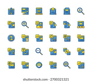 Ícone de otimização de mecanismo de pesquisa definido. Ícones de vetor. Ícones de estrutura de tópicos coloridos