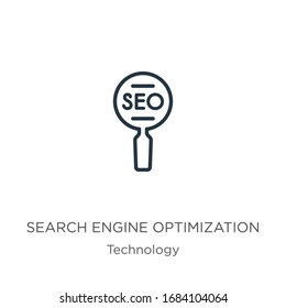 Search engine optimization icon. Thin linear search engine optimization outline icon isolated on white background from technology collection. Line vector sign, symbol for web and mobile