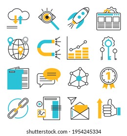 Search Engine Optimization icons set, modern flat thin line design vector illustration, for graphic and web design