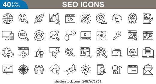 Search engine optimization icons set. Backlinks, technical, local SEO, analytics, research and page speed. vector illustration